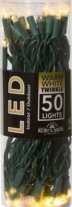 50 LED 5MM Warm White Twinkle Lights Green Wire  | The Christmas Loft|Kurt Adler Outlet