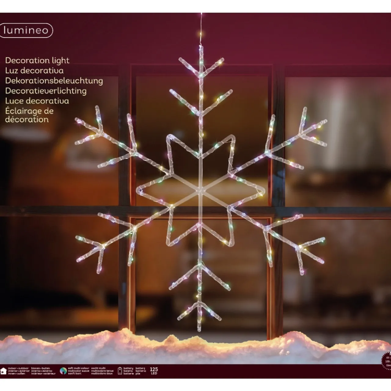 125 LED Soft Multi-Color Snowflake, 23.6in Diameter, Indoor/Outdoor, Battery Ope|Lumineo Clearance