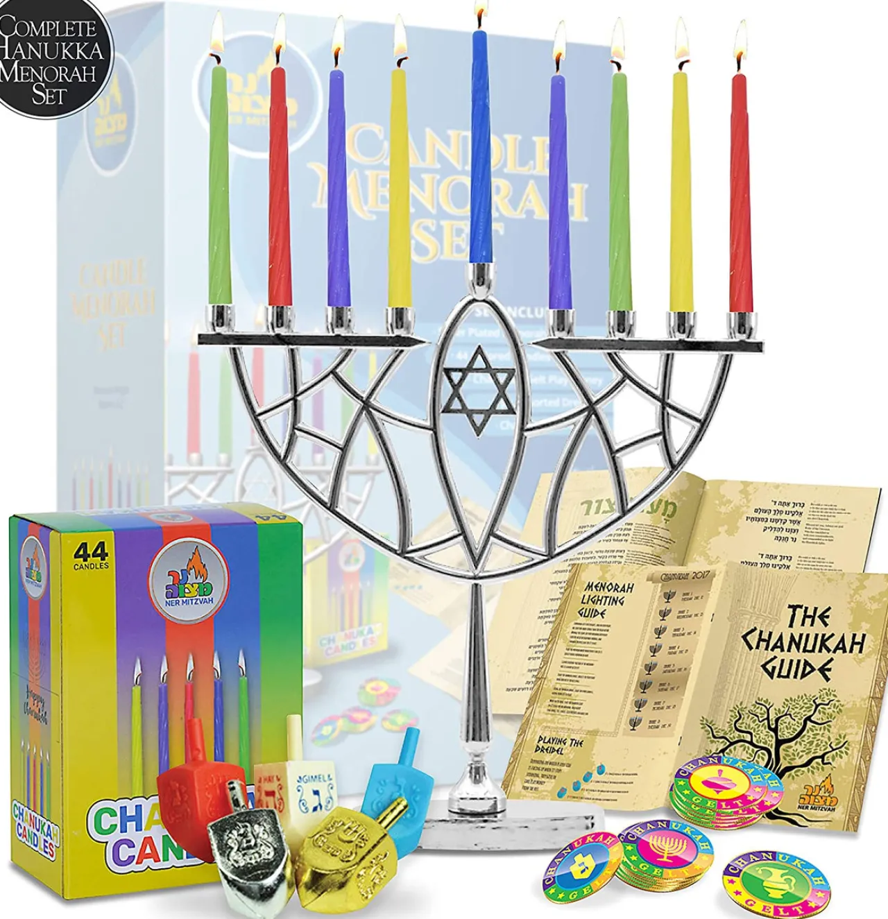 9" Menorah, Candles, Dreidel, Play Coins Hannukah Set Chrome| Sale