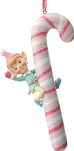 6" Pastel Elf on Candy Cane Ornament| Outlet