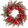 24" Red and Green Glittered Cedar with Balls and Cones Wreath| Outlet