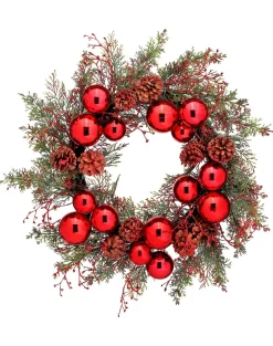 24" Red and Green Glittered Cedar with Balls and Cones Wreath| Outlet