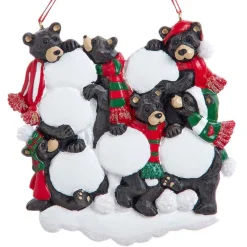Black Bear Family of 6 with Snowballs Personalized Ornament - 6 Names Hand Personalized|Kurt Adler Clearance