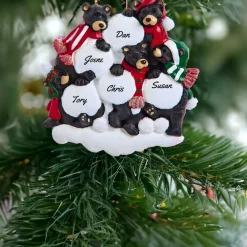 Black Bear Family of  5 with Snowballs Personalized Ornament - 5 Names Hand Personalized|Kurt Adler Sale