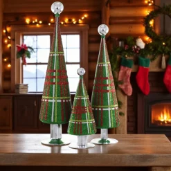 Cody Foster Glitter Plaid Tree - Green Set of 3|Cody Foster & Co. New