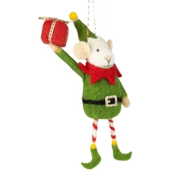 Felt Elf Mouse in Green Suit Holding Present Ornament| Outlet
