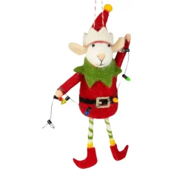 Felt Elf Mouse in Red Suit Holding Christmas Lights Ornament| Best