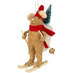 Felt Mouse Ornament on Wooden Skis with Red Scarf| Sale