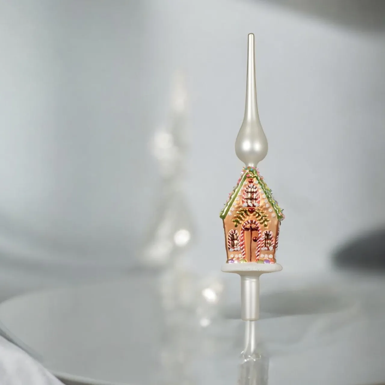 Glass Gingerbread House With Green Roof Finial Tree Topper| Clearance