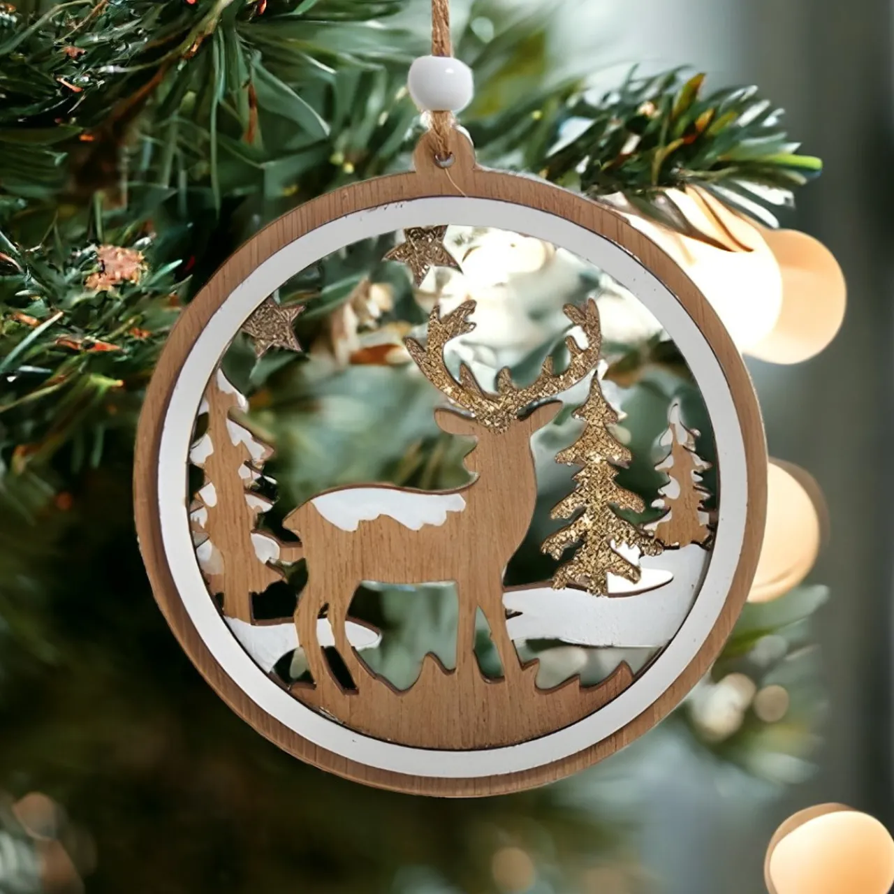 Glittered Deer Scene Wood Ornament|Kurt Adler Clearance