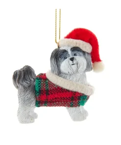 Grey Shih-Tzu With Plaid Coat and Santa Hat Ornament|Kurt Adler Clearance