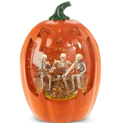 Halloween Carved Pumpkin Lit Water Lantern Shimmer with Skeleton Band| Sale