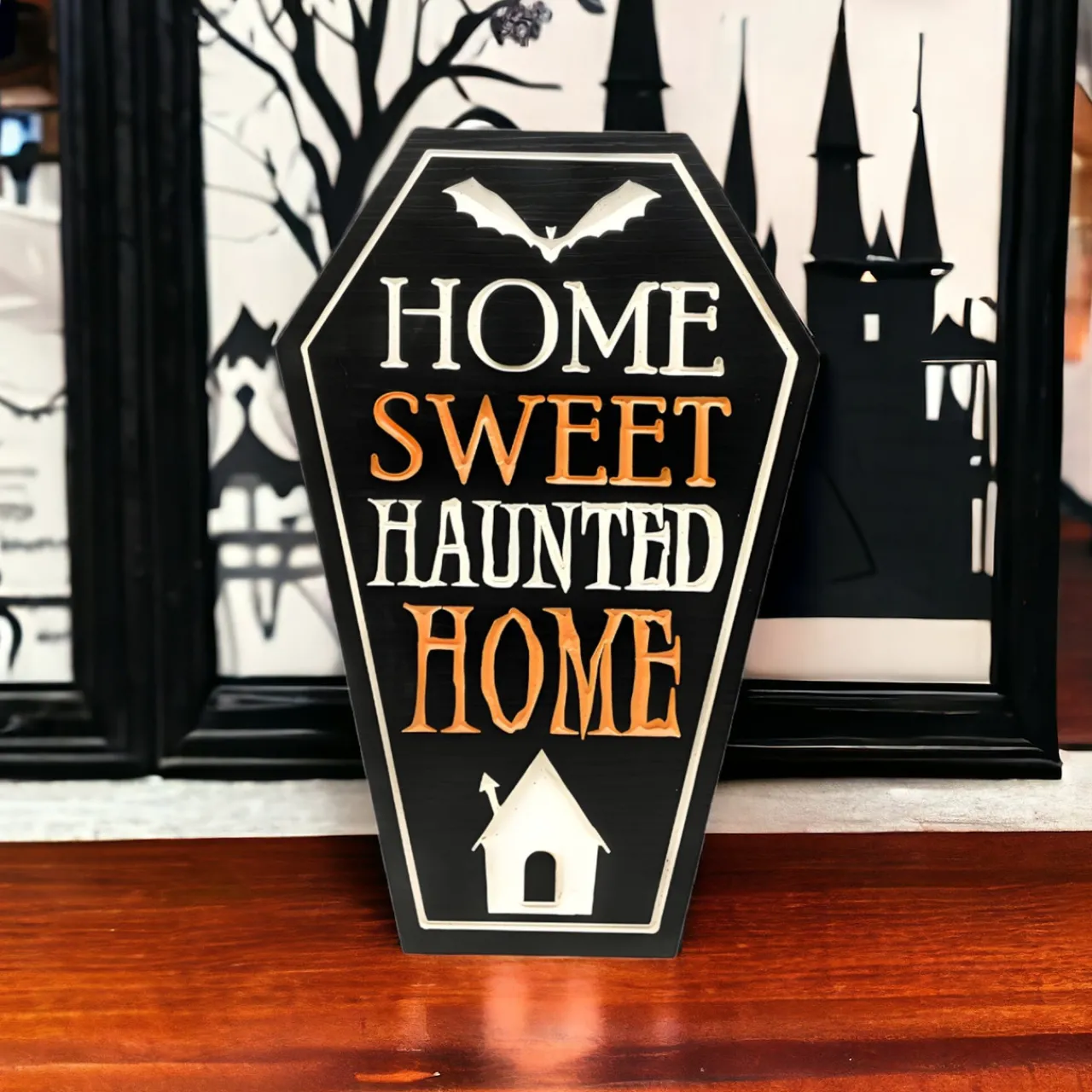 Home Sweet Haunted Home Engraved Wooden Easel Sign|