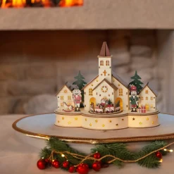 LED Wood Village Church With Train Scene With Music And Motion|Lumineo Discount