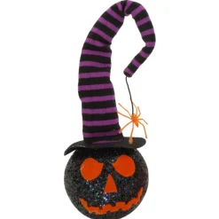 Light-Up Black Pumpkin Wearing A Large Stripy Hat With A Spider Dangling From It| Hot