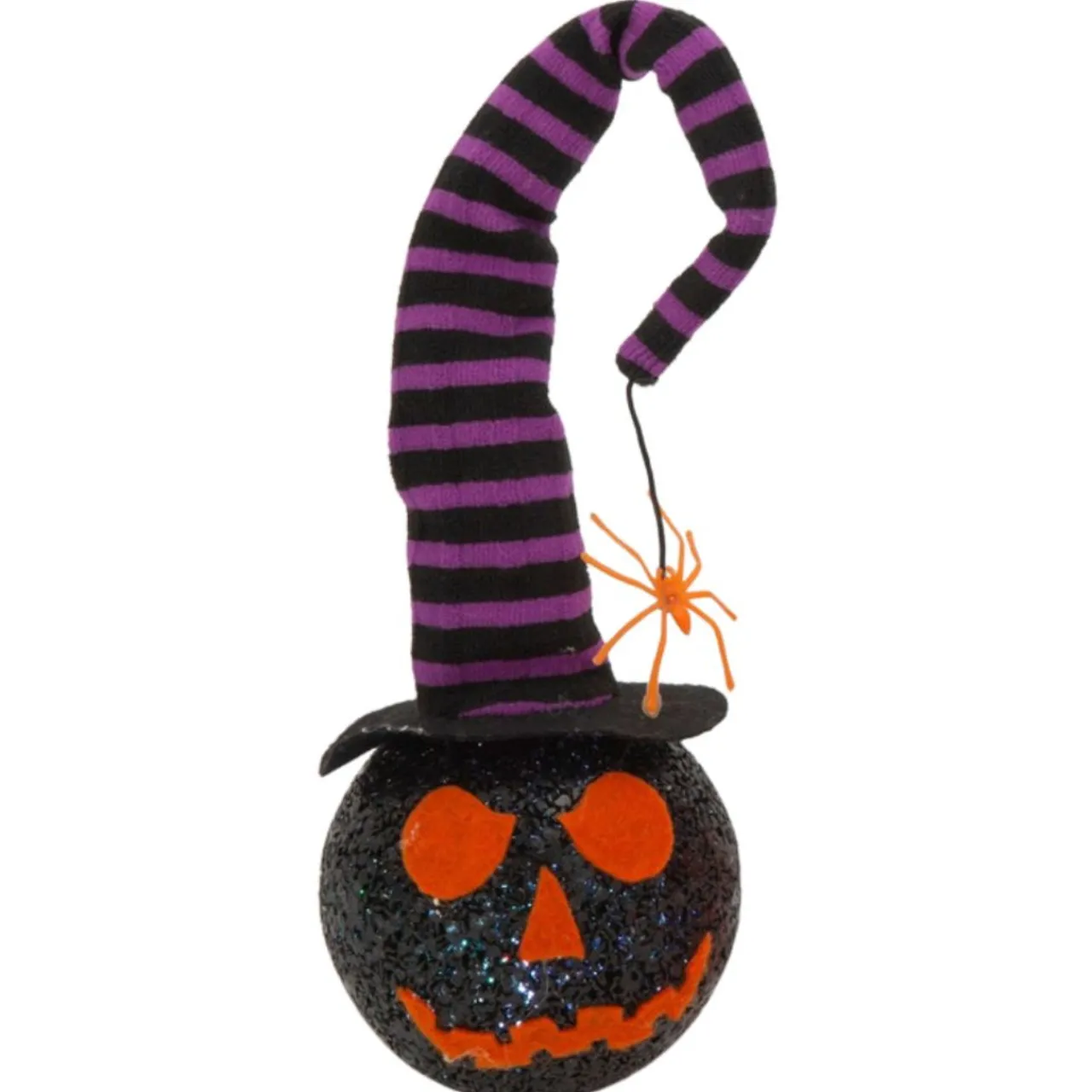 Light-Up Black Pumpkin Wearing A Large Stripy Hat With A Spider Dangling From It| Hot
