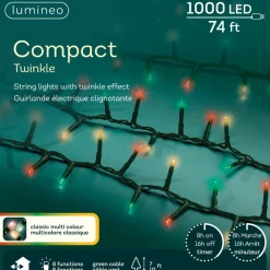 1,000 LED Classic Multi Color Compact Twinkle Lights, Green Wire|Lumineo