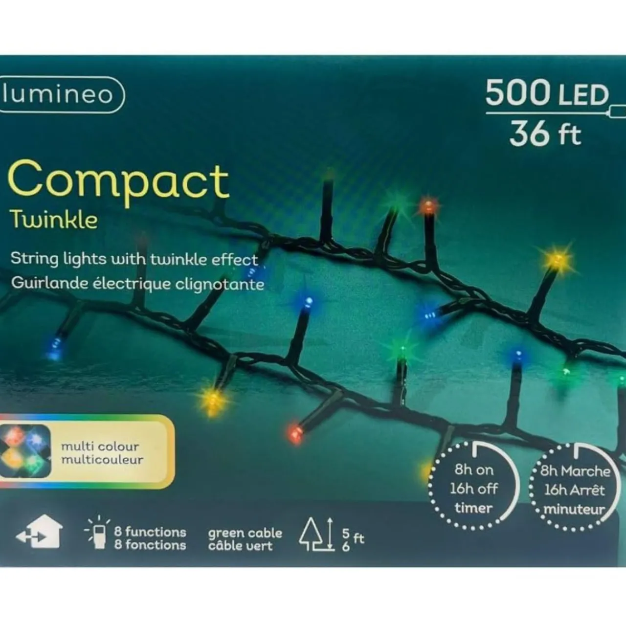 500 LED Multi-Colored Christmas Compact Lights Set, Green Wire 36 Feet -|Lumineo Outlet