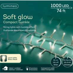 1,000 LED Warm White Soft Glow Compact Twinkle Light, Transparent Wire|Lumineo Online