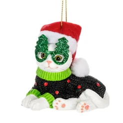 Navidad Cat with Green Tree Glasses Ornament|