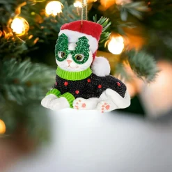 Navidad Cat with Green Tree Glasses Ornament|