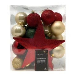 33pc Shatterproof Christmas Ornaments Set with Red Star Topper|