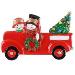 Personalized Snowman Couple In Red Truck Ornament| Clearance