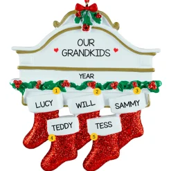 Personalized White Mantle with 5 Red Stockings Ornament - The Christmas Loft| Hot