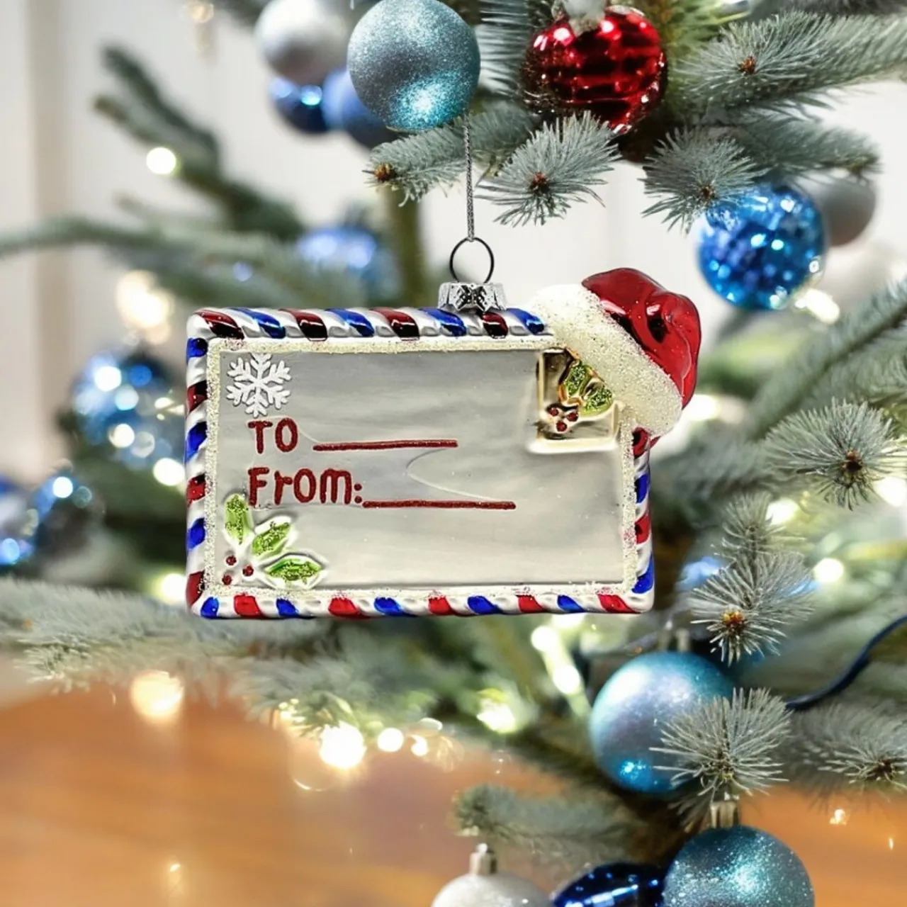 Present Tag Ornament with Santa Hat and Holly| Clearance