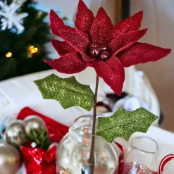 Red Poinsettia Pick with Glitter| Hot