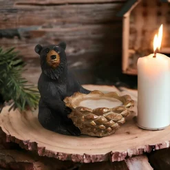 Sitting  Black Bear with Pinecone Candle Holder| Online