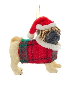 Tan Pug With Plaid Coat and Santa Hat|Kurt Adler
