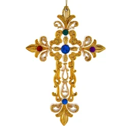 White and Gold Jeweled Cross Ornament with Large Blue Jewel at The Centre|Kurt Adler Clearance