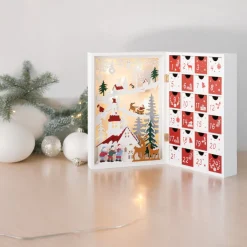 Wood Advent Calendar with Church and Flying Santa Scene|Lumineo Online